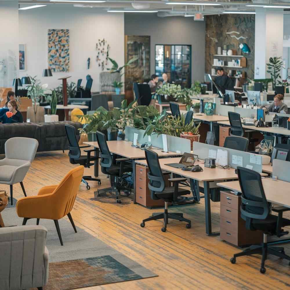 Oficina diáfana moderna con mobiliario ergonómico operativo y zonas de colaboración corporativas bien diseñadas.